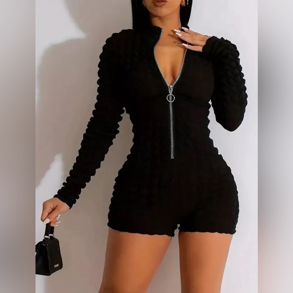 SHEIN Black Textured Zip-Up Sexy Romper